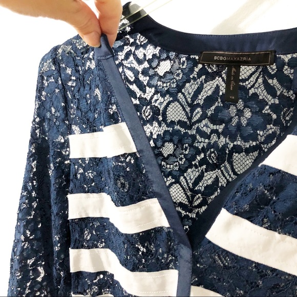 BCBG MaxAzria Lace and Fabric Stripe Shift Dress Three Quarter Sleeve Navy White - Picture 6 of 8